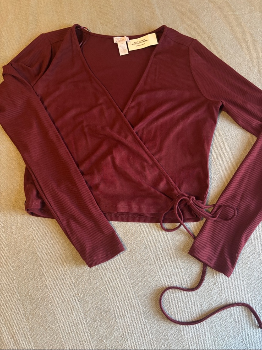 Ribbed Wrap Crop Top in Burgundy